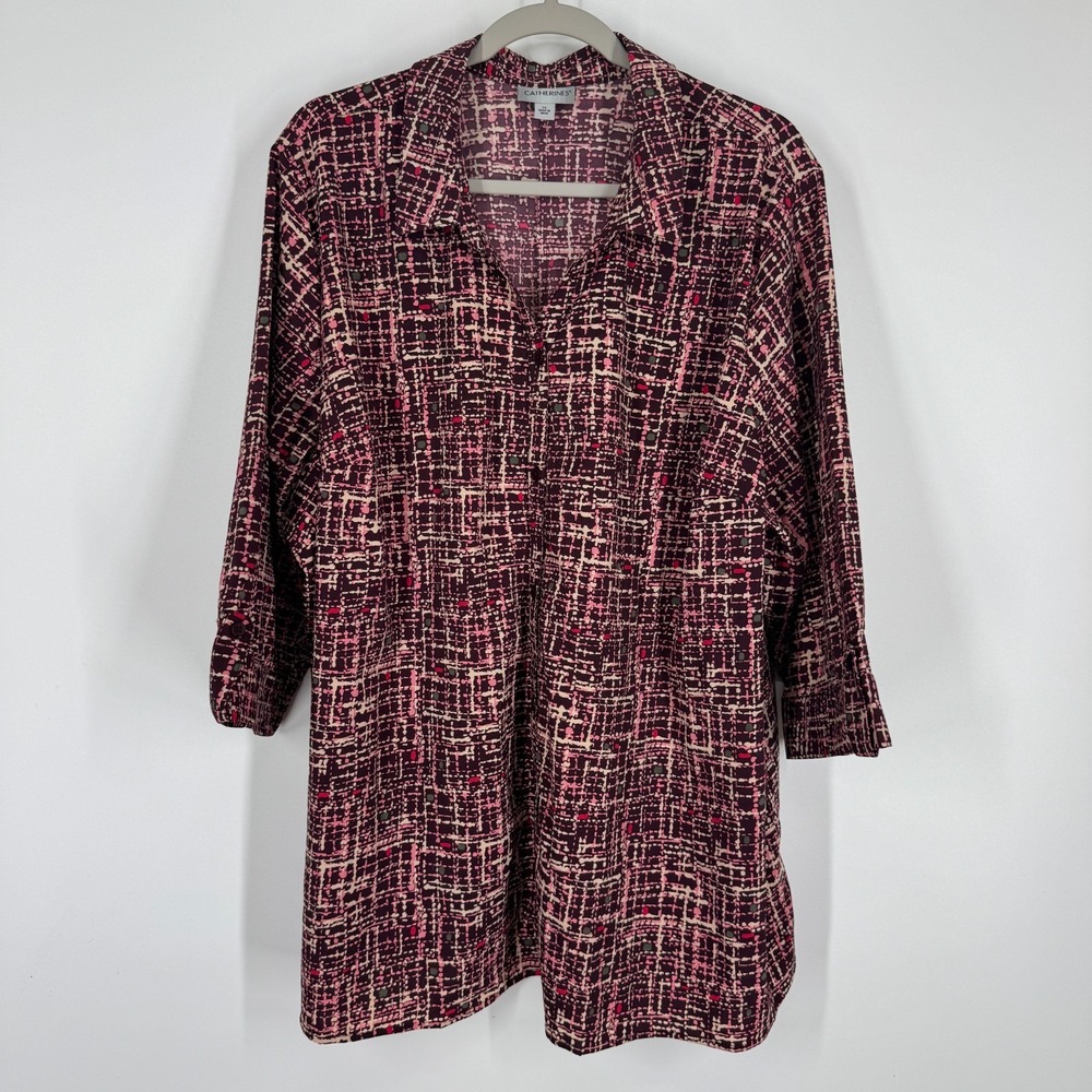 Catherines The Timeless Blouse Size 2X Button Up 3/4 Sleeves Berry Painted Tweed
